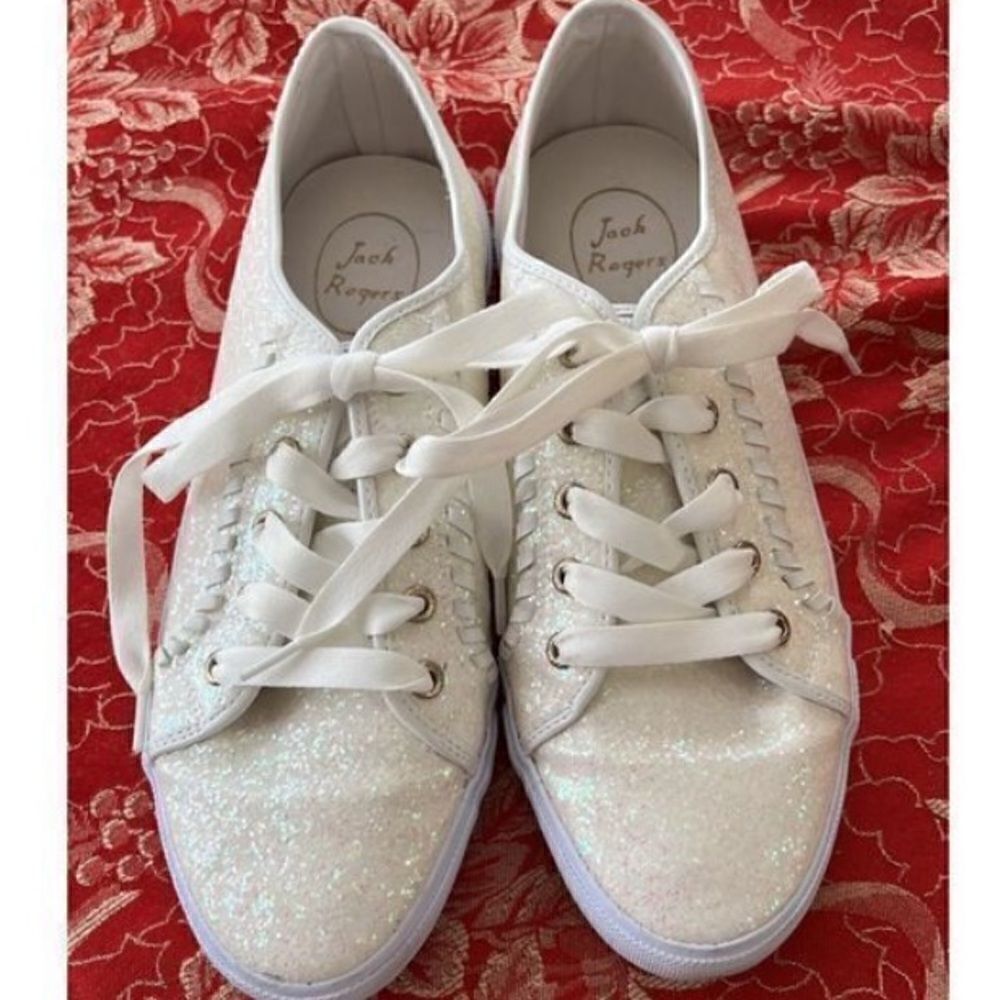 Jack Rogers Womens Size 8.5M Sneakers Carter Textile White Glitter Lace Up Shoes